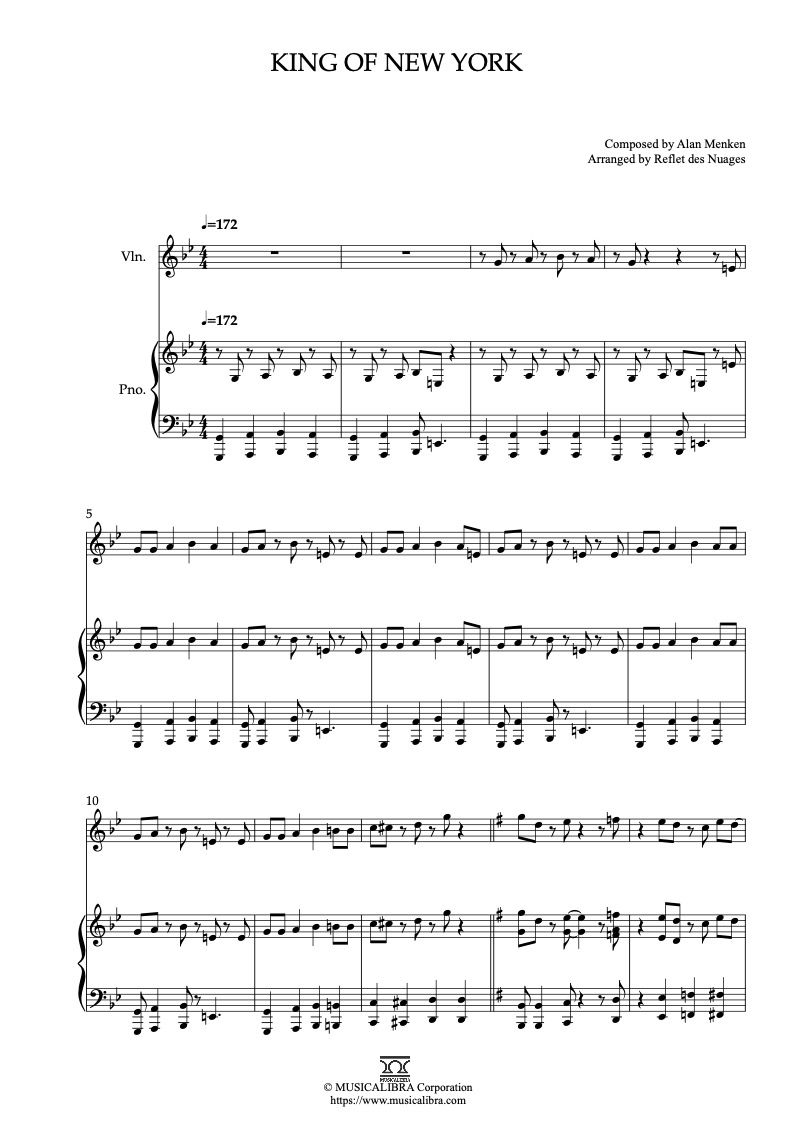 Partitura de Newsies King of New York arreglada para dueto de violín y piano
