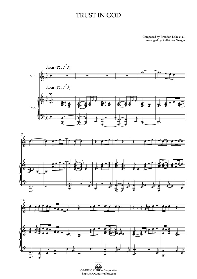 Sheet music of Trust in God arranged for violin and piano duet preview page 1