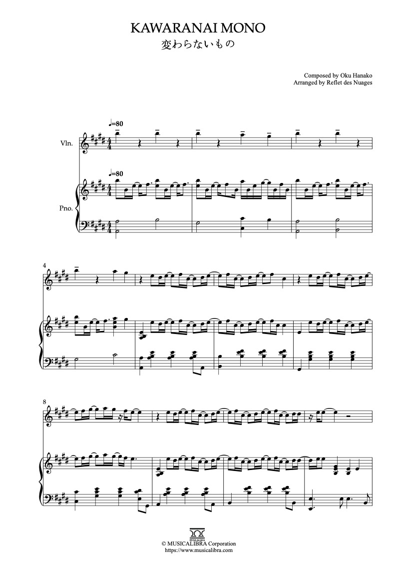 Sheet music of The Girl Who Leapt Through Time Kawaranai Mono arranged for violin and piano duet chamber ensemble preview page 1