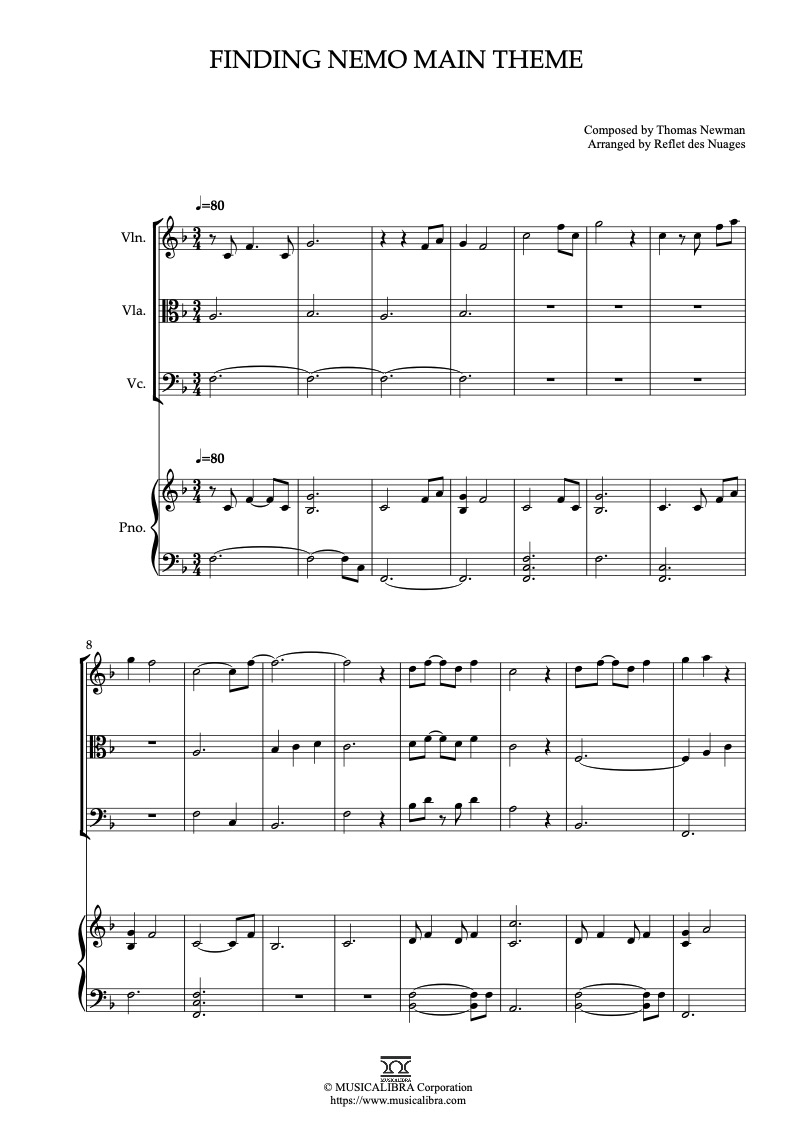 Partitura de Finding Nemo Main Theme arreglada para cuarteto de violín, viola, violonchelo y piano