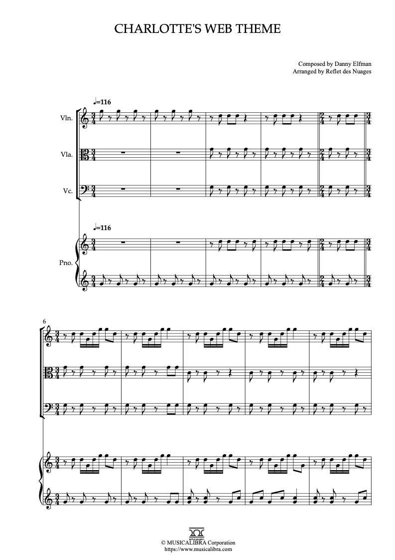 Partitura de Charlotte's Web Theme arreglada para cuarteto de violín, viola, violonchelo y piano