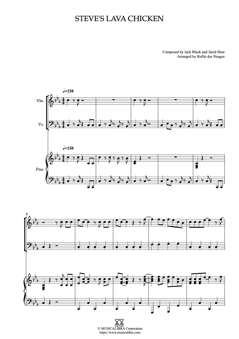 Sheet music of A Minecraft Movie Steve's Lava Chicken arranged for violin, cello and piano trio chamber ensemble preview page 1