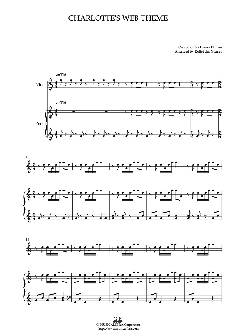 Partitura de Charlotte's Web Theme arreglada para dueto de violín y piano