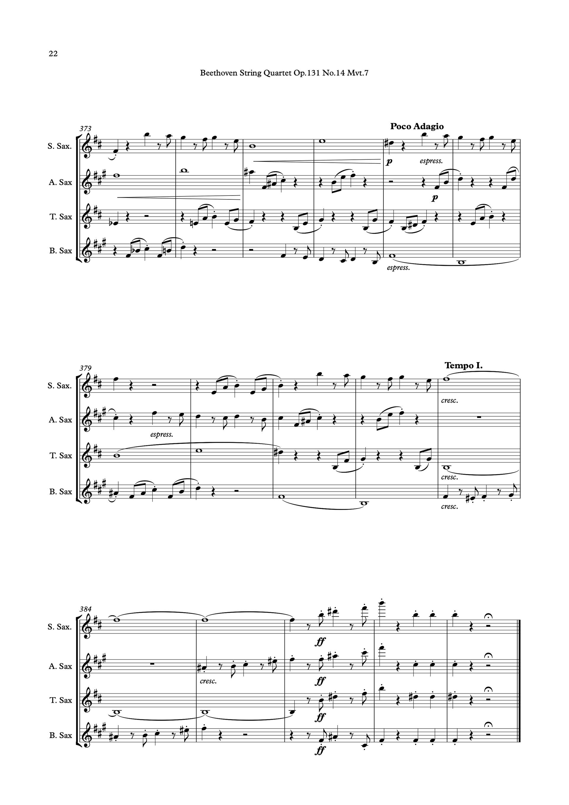 Sheet music of Beethoven String Quartet Op. 131, No. 14, 7th Movement arranged for saxophone quartet preview page 22