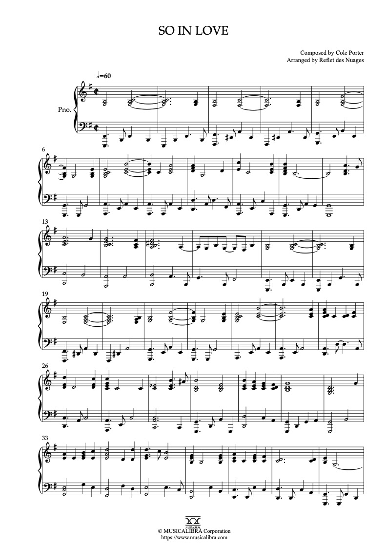 Partitura de Cole Porter So in Love arreglada para piano solo
