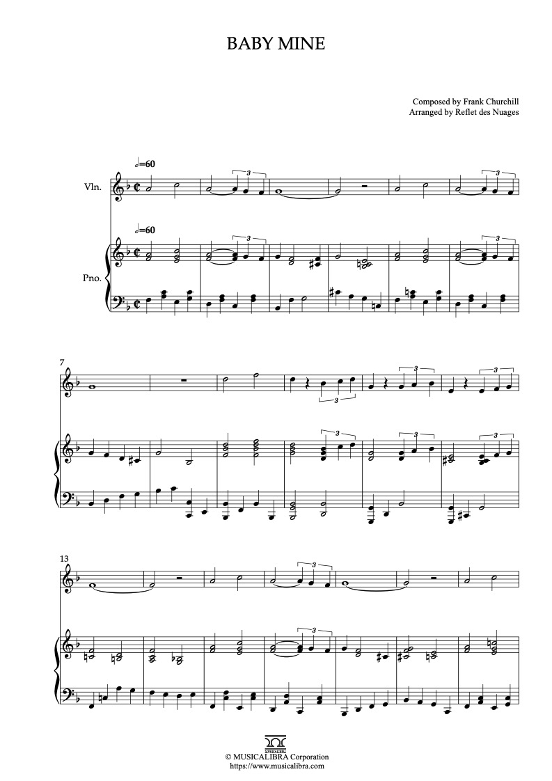 Dumbo Baby Mine 編曲楽譜 - ヴァイオリン、ピアノデュエット