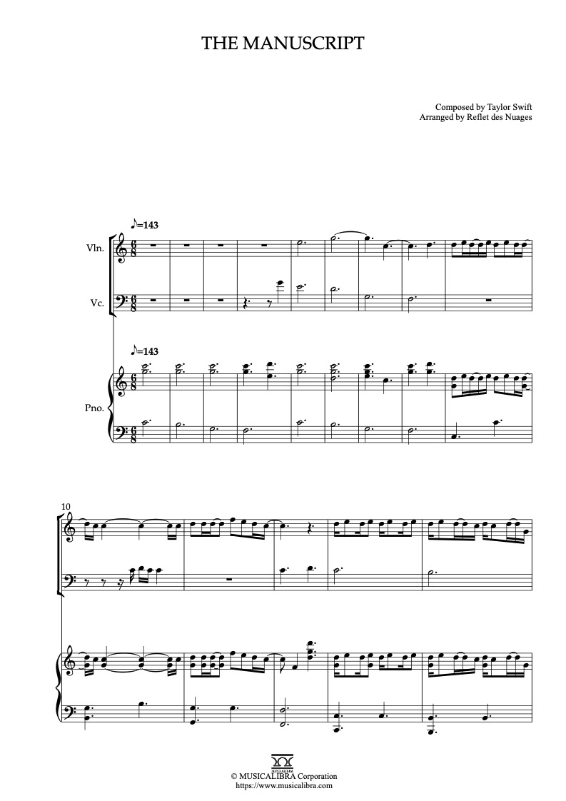 Sheet music of Taylor Swift The Manuscript arranged for violin, cello and piano trio chamber ensemble preview page 1