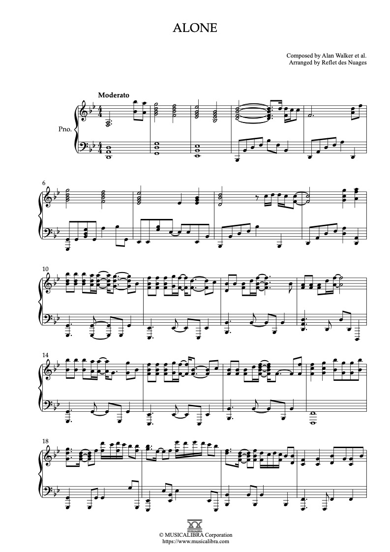Partitura de Alan Walker Alone arreglada para piano solo