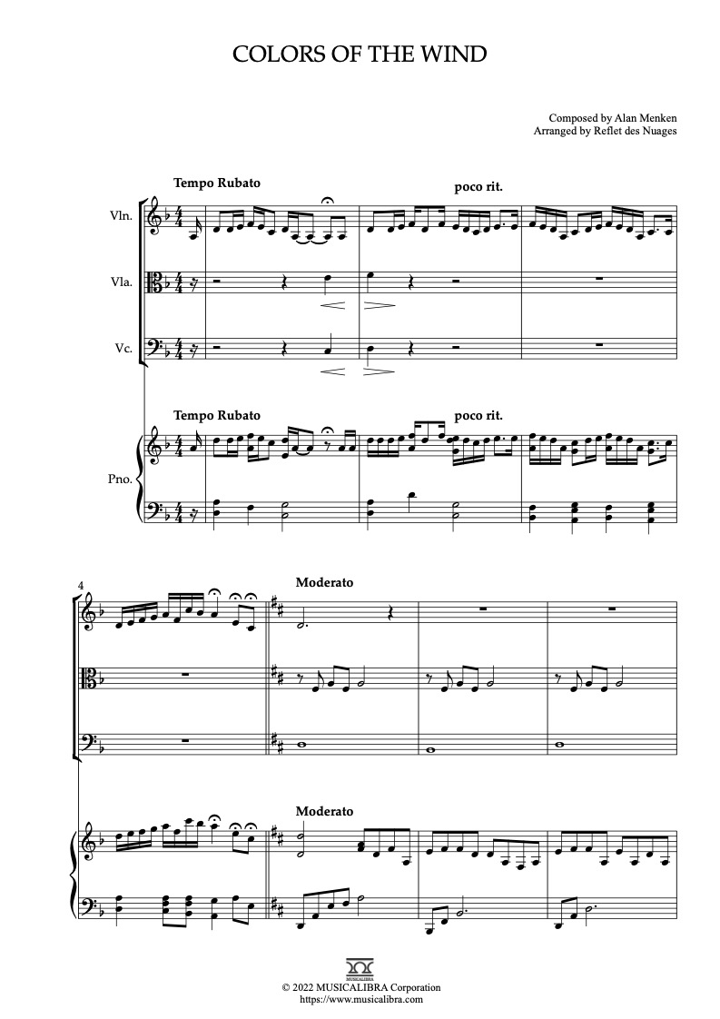 포카혼타스 Colors of the Wind 바이올린, 비올라, 첼로, 피아노 쿼텟 실내악 앙상블 편곡 악보