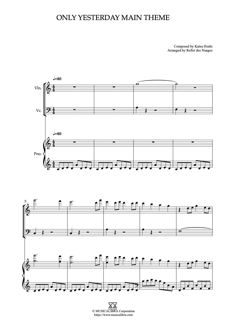 Only Yesterday Main Theme 三重奏 乐谱 - 小提琴, 大提琴, 钢琴
