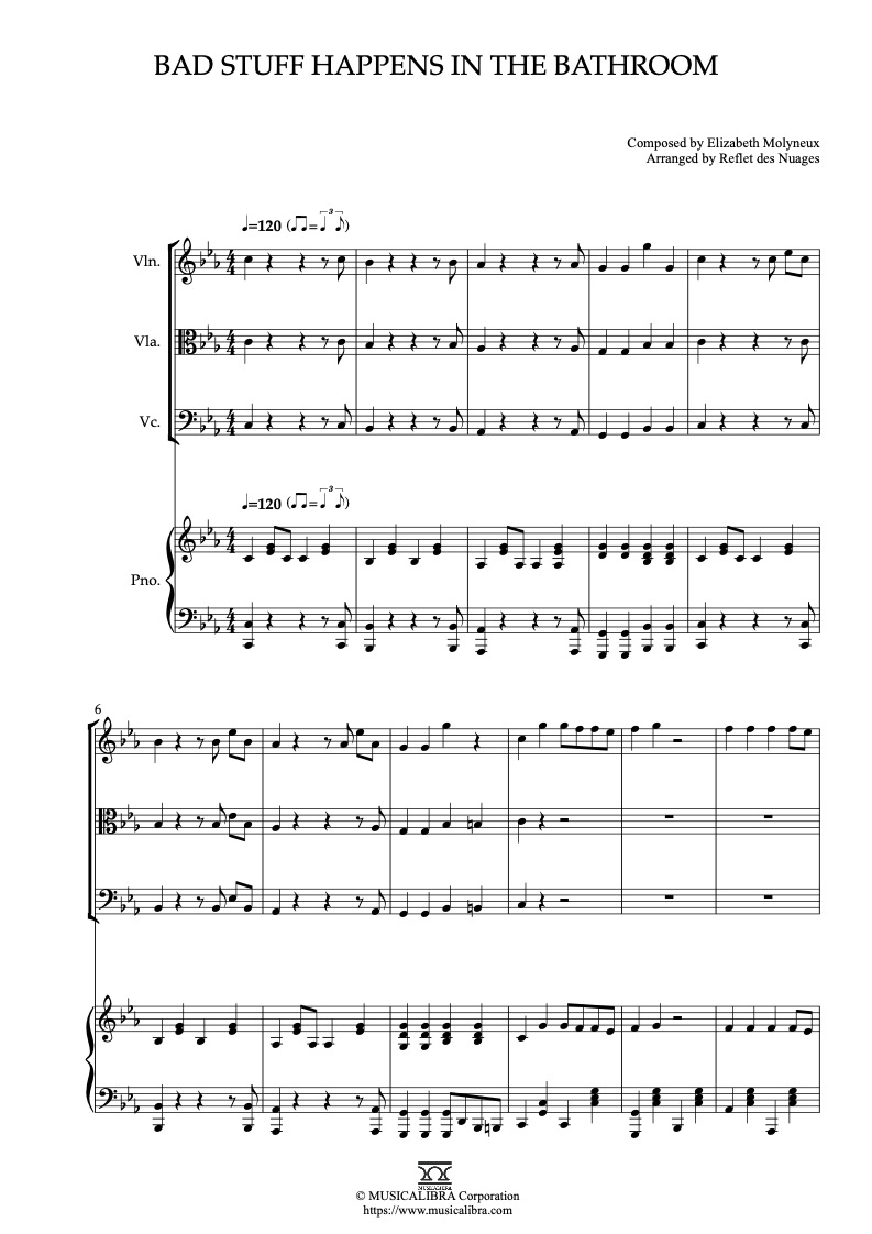 Sheet music of Bad Stuff Happens in the Bathroom arranged for violin, viola, cello and piano quartet chamber ensemble preview page 1