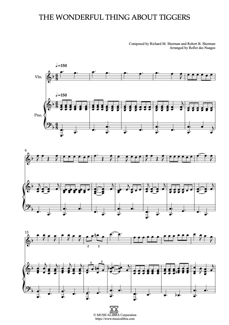 Partitura de Winnie the Pooh The Wonderful Thing About Tiggers arreglada para dueto de violín y piano
