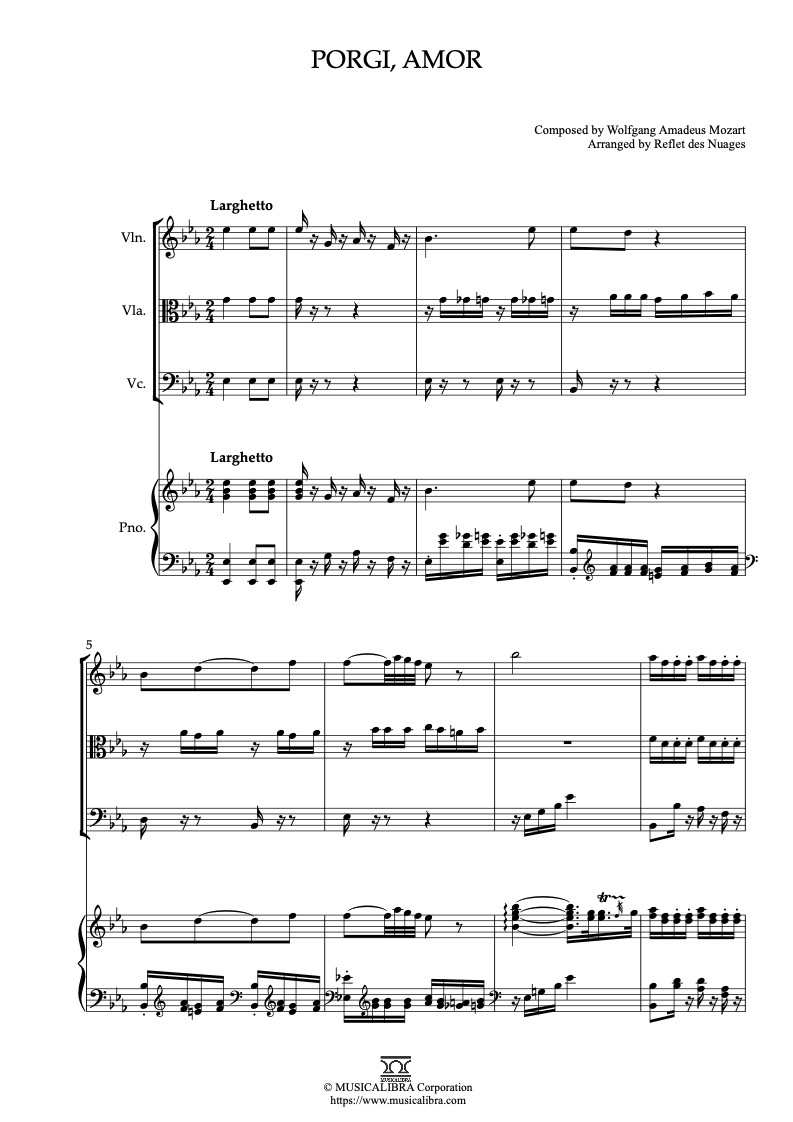 Sheet music of Porgi, amor arranged for violin, viola, cello and piano quartet chamber ensemble preview page 1