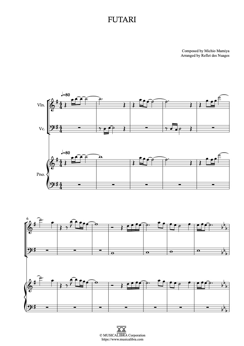 Sheet music of Grave of the Fireflies Futari arranged for violin, cello and piano trio chamber ensemble preview page 1