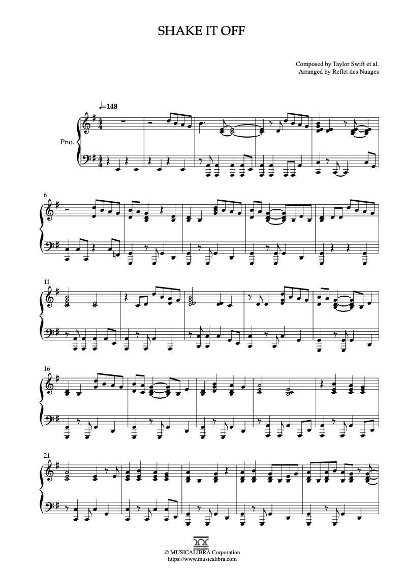 Partitura de Taylor Swift Shake It Off arreglada para piano solo