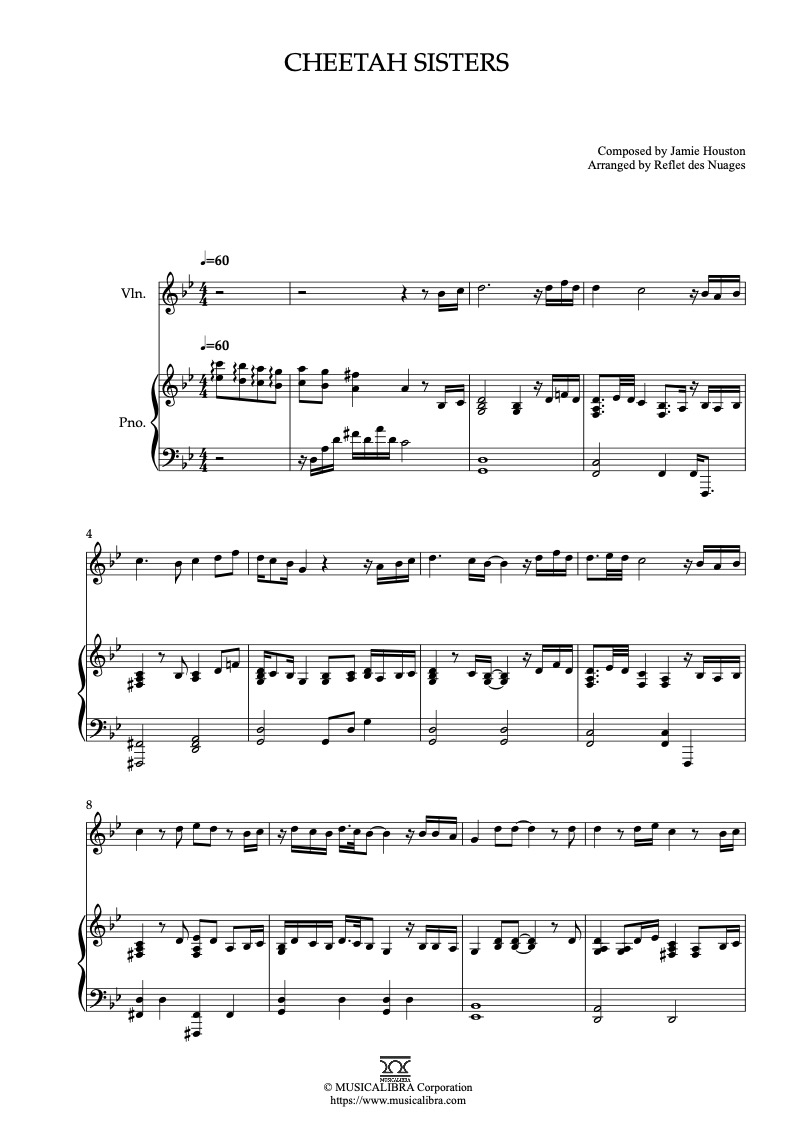 Partitura de Cheetah Sisters arreglada para dueto de violín y piano