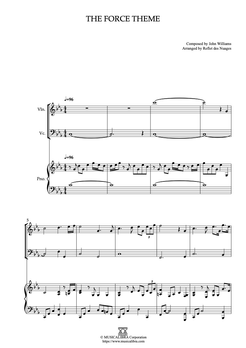 Partitura de StarWars The Force Theme arreglada para trío de violín, violonchelo y piano