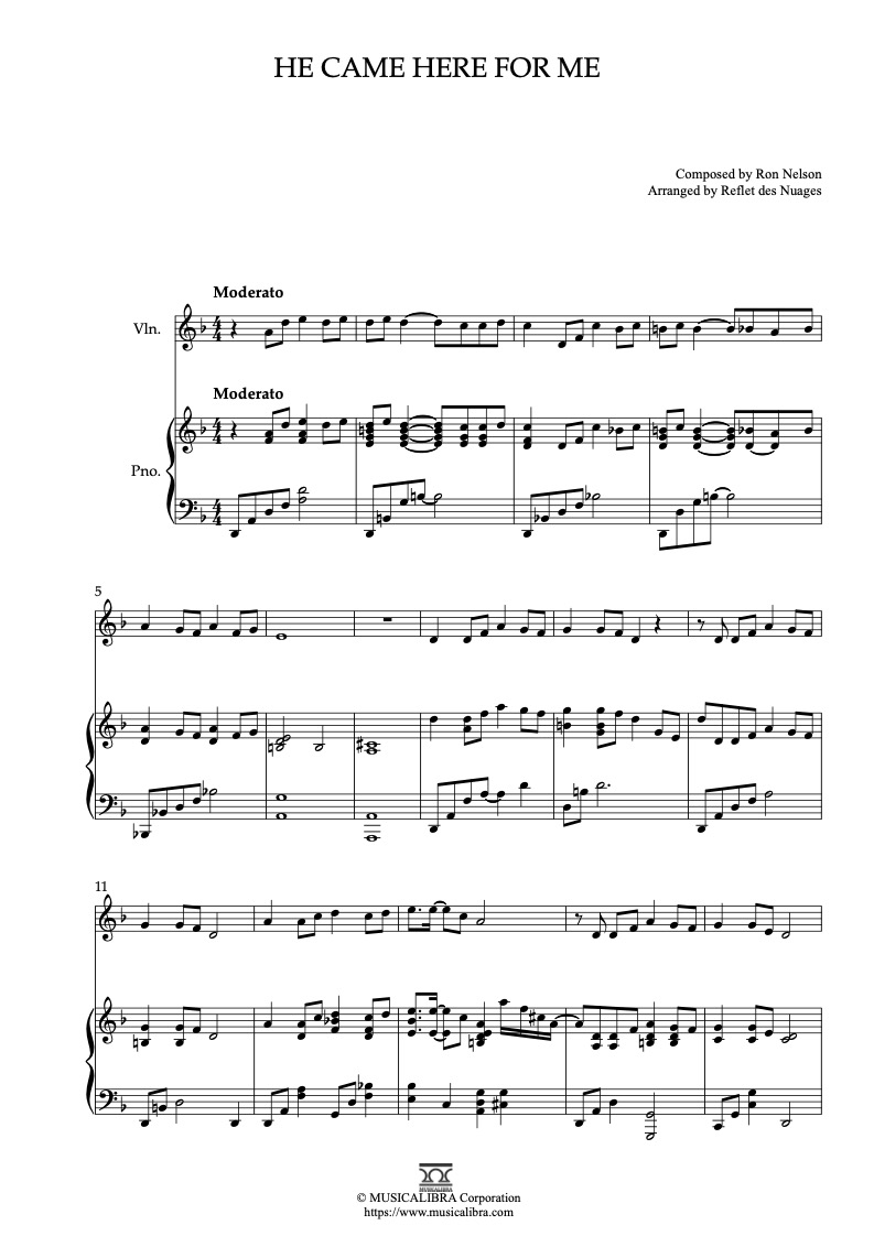 Sheet music of The Carpenters He Came Here for Me arranged for violin and piano duet chamber ensemble preview page 1