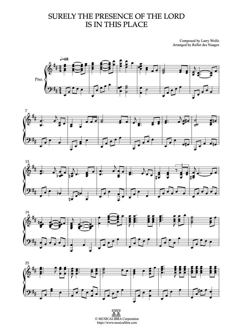 Surely the Presence of the Lord Is in This Place ピアノソロ 編曲 楽譜