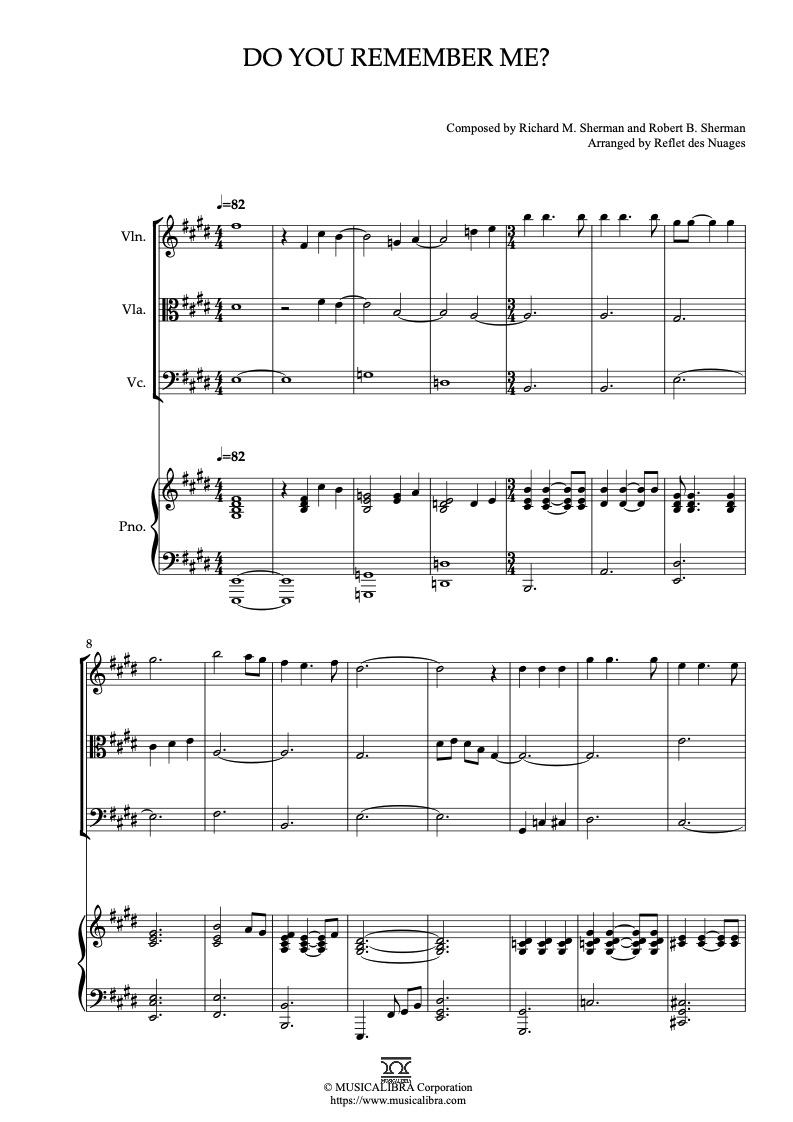 Partitura de Snoopy, Come Home Do You Remember Me? arreglada para cuarteto de violín, viola, violonchelo y piano