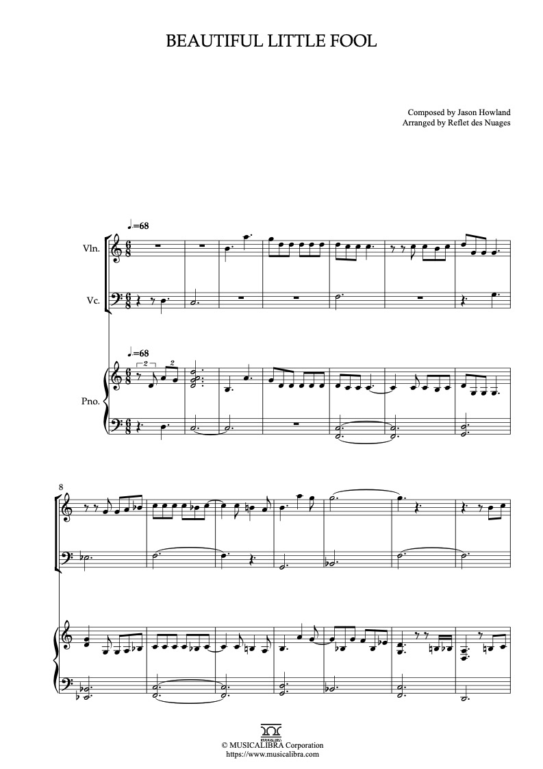 Sheet music of The Great Gatsby Beautiful Little Fool arranged for violin, cello and piano trio chamber ensemble preview page 1