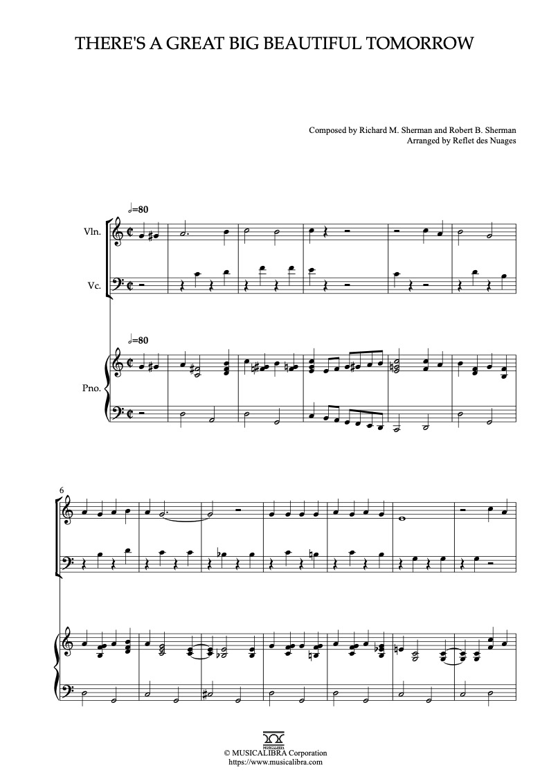 Sheet music of There’s a Great Big Beautiful Tomorrow arranged for violin, cello and piano trio chamber ensemble preview page 1