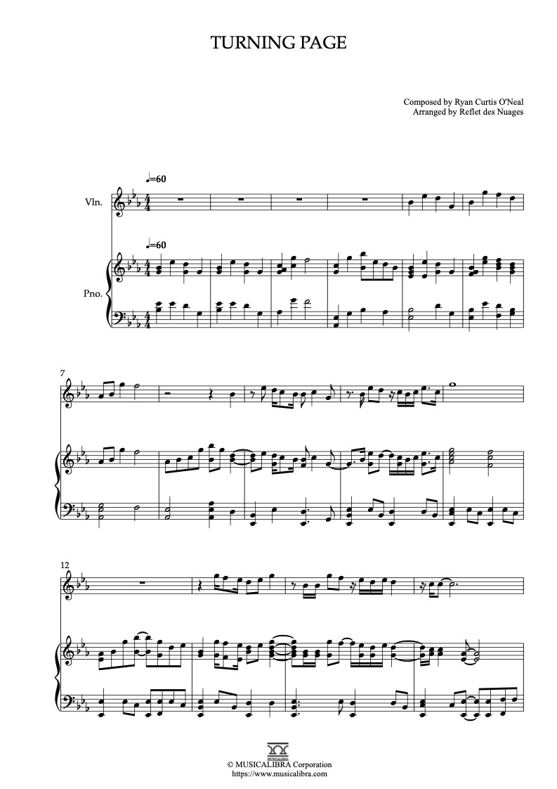 Sleeping at Last Turning Page 編曲楽譜 - ヴァイオリン、ピアノデュエット