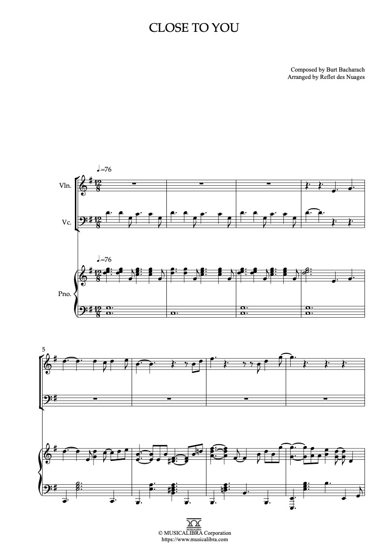Sheet music of Carpenters Close to You arranged for violin, cello and piano trio chamber ensemble preview page 1