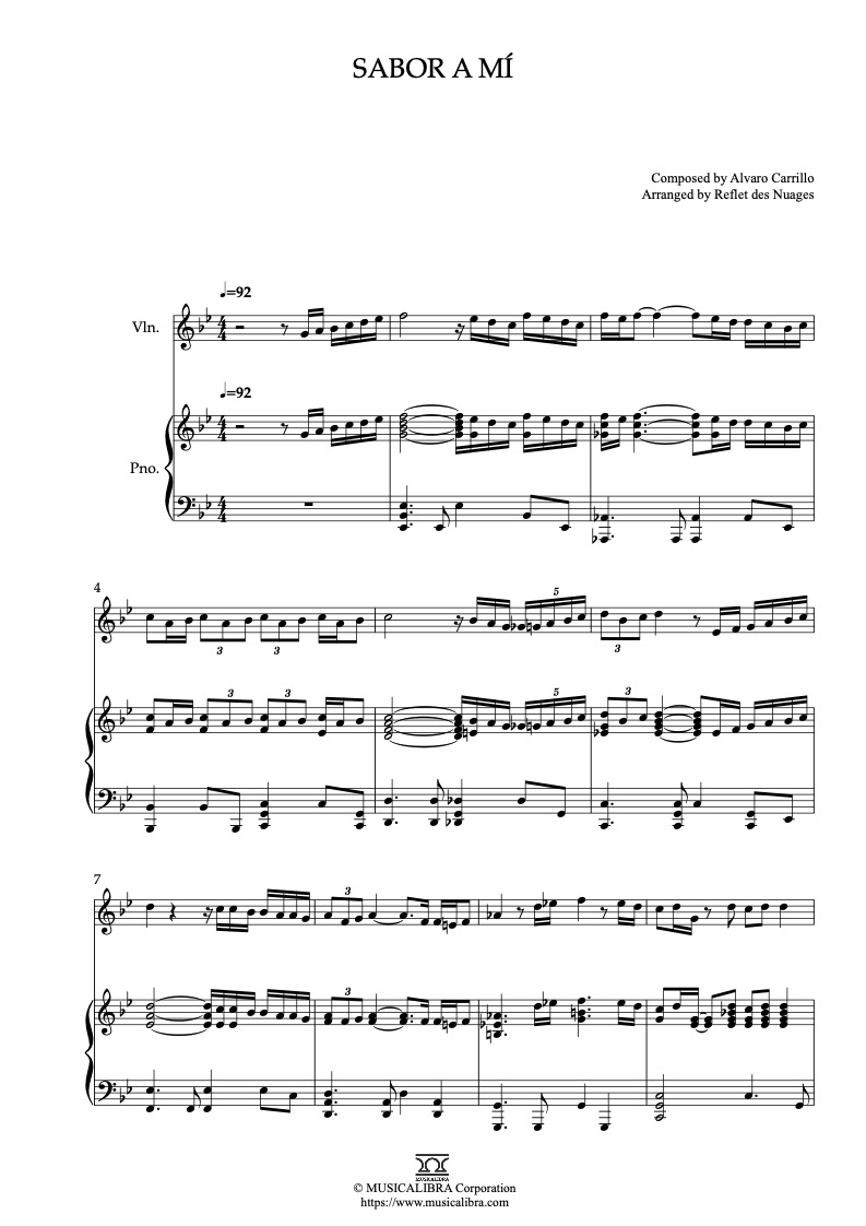 Sheet music of Sabor a Mí arranged for violin and piano duet preview page 1