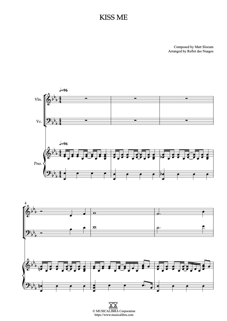 Sixpence None the Richer Kiss Me 編曲楽譜 - ヴァイオリン、チェロ、ピアノトリオ