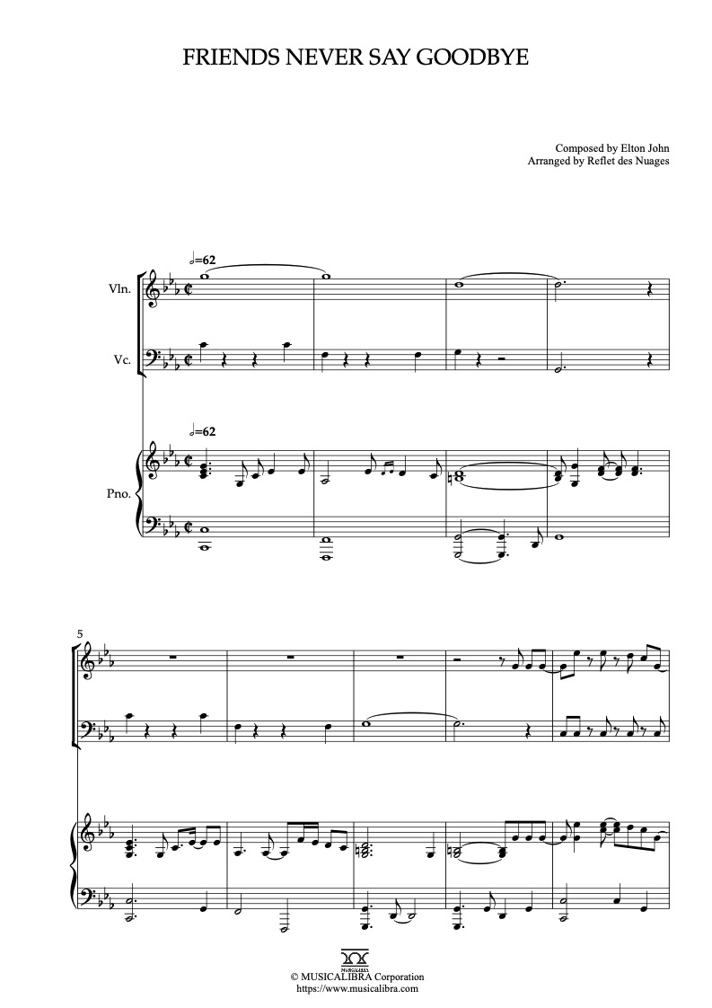 Partitura de The Road to El Dorado Friends Never Say Goodbye arreglada para trío de violín, violonchelo y piano
