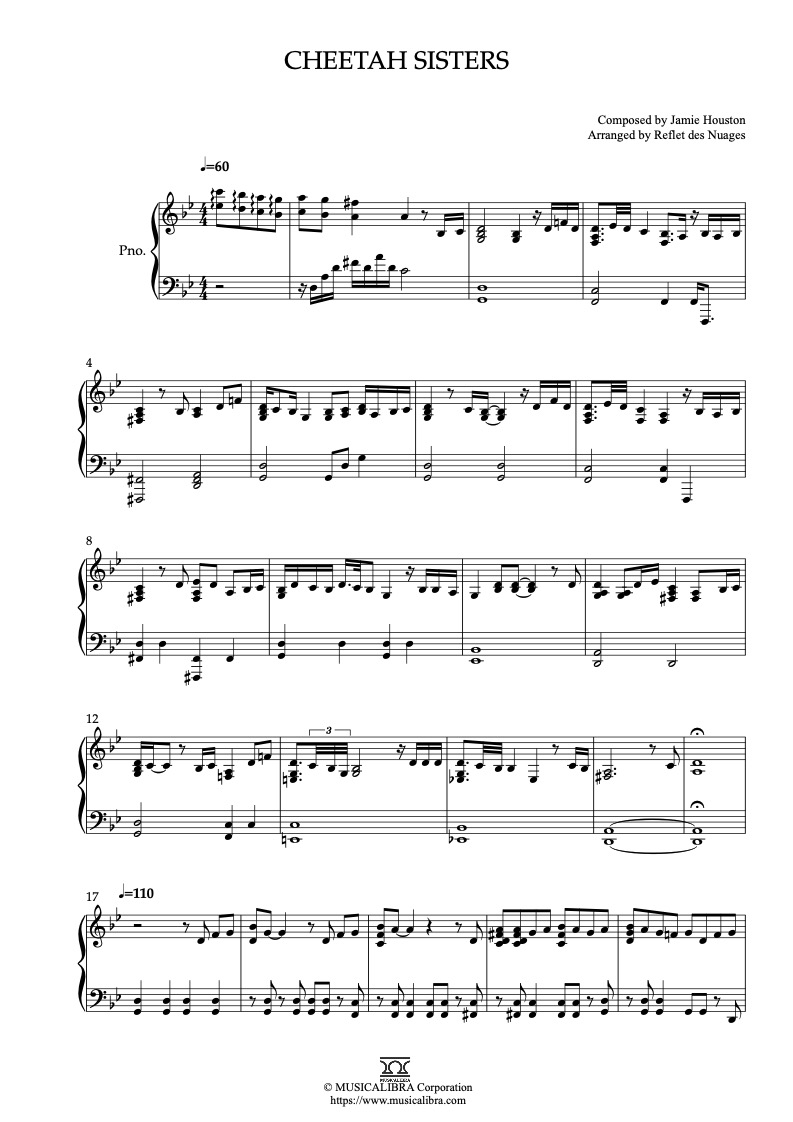 Partitura de Cheetah Sisters arreglada para piano solo