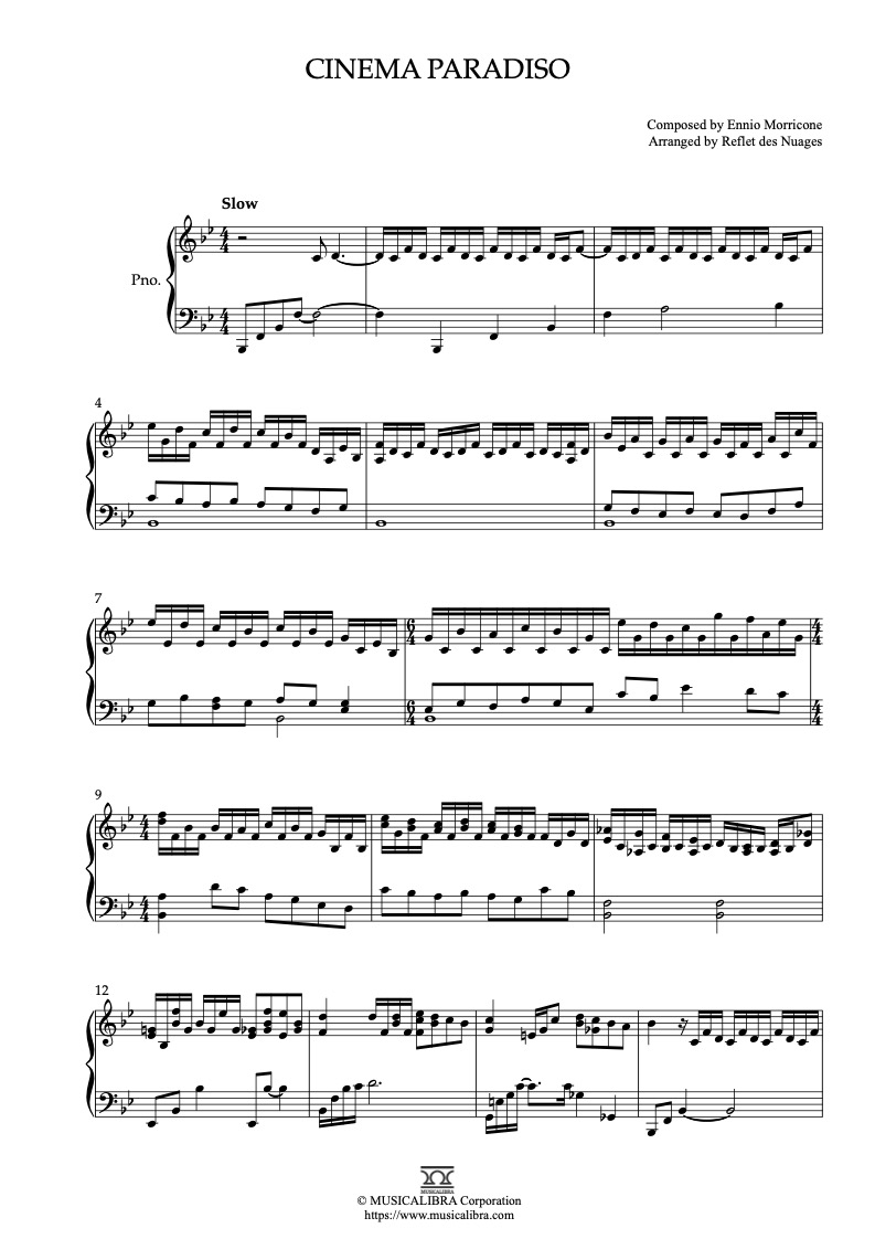 Partitura de Cinema Paradiso arreglada para piano solo