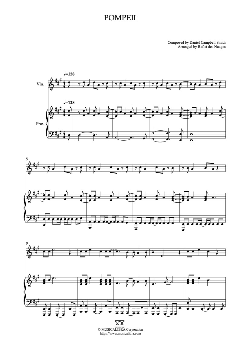 Sheet music of Bastille Pompeii arranged for violin and piano duet chamber ensemble preview page 1