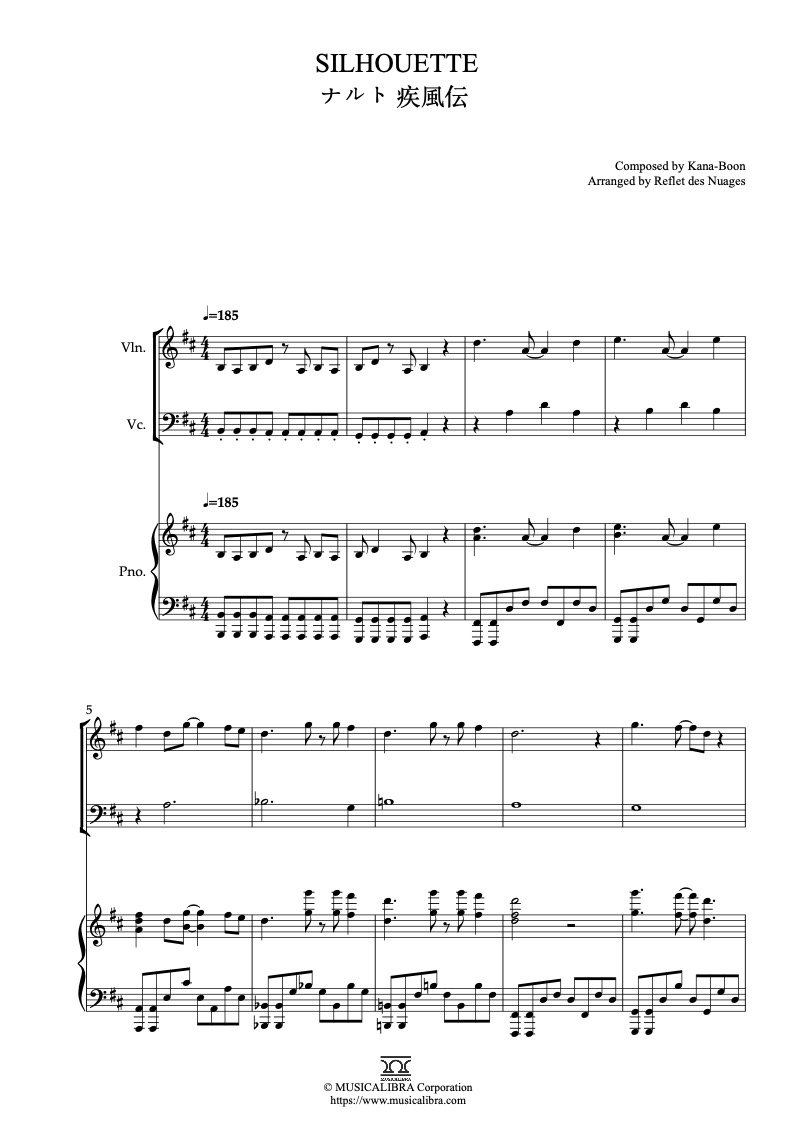 Sheet music of Naruto Shippuden Silhouette arranged for violin, cello and piano trio chamber ensemble preview page 1
