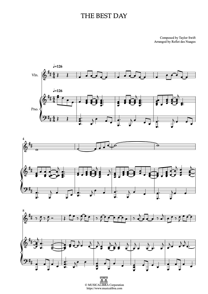 Partitura de Taylor Swift The Best Day arreglada para dueto de violín y piano