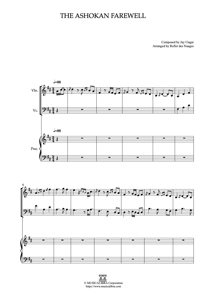 Partitura de Jay Ungar & Molly Mason The Ashokan Farewell arreglada para trío de violín, violonchelo y piano