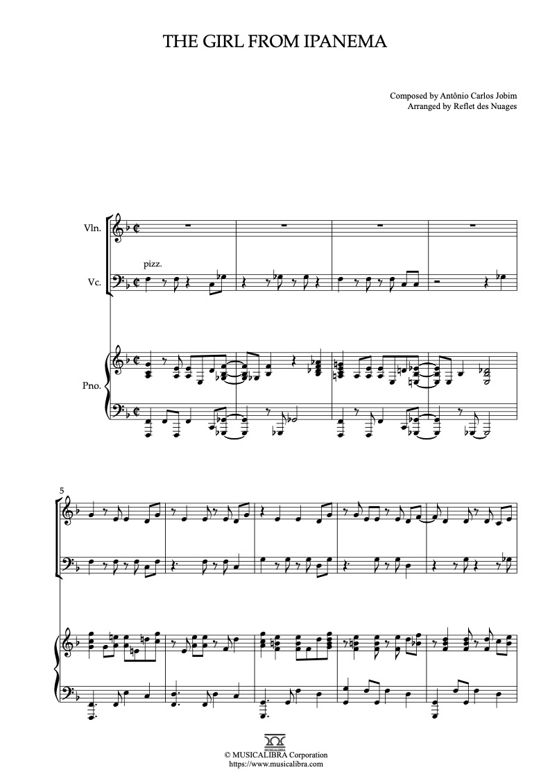Sheet music of The Girl From Ipanema arranged for violin, cello and piano trio chamber ensemble preview page 1