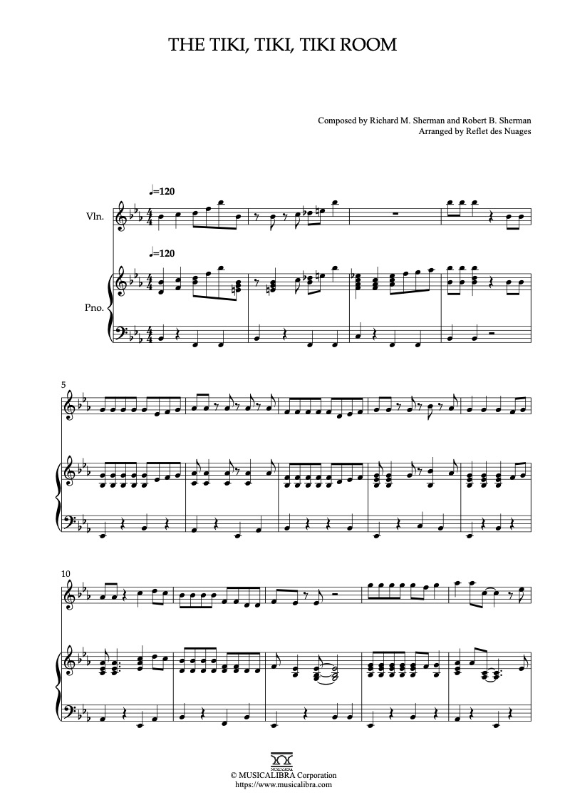 The Tiki, Tiki, Tiki Room 編曲楽譜 - ヴァイオリン、ピアノデュエット
