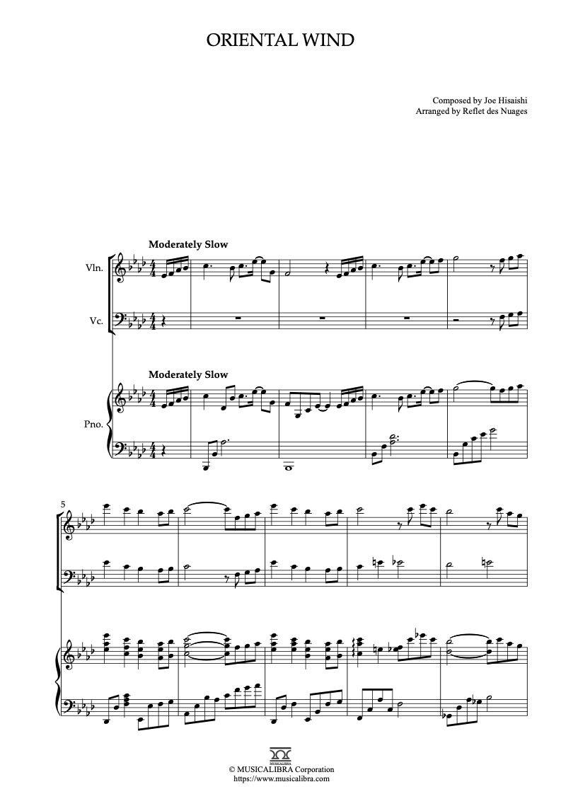 Partitura de Joe Hisaishi Oriental Wind arreglada para trío de violín, violonchelo y piano