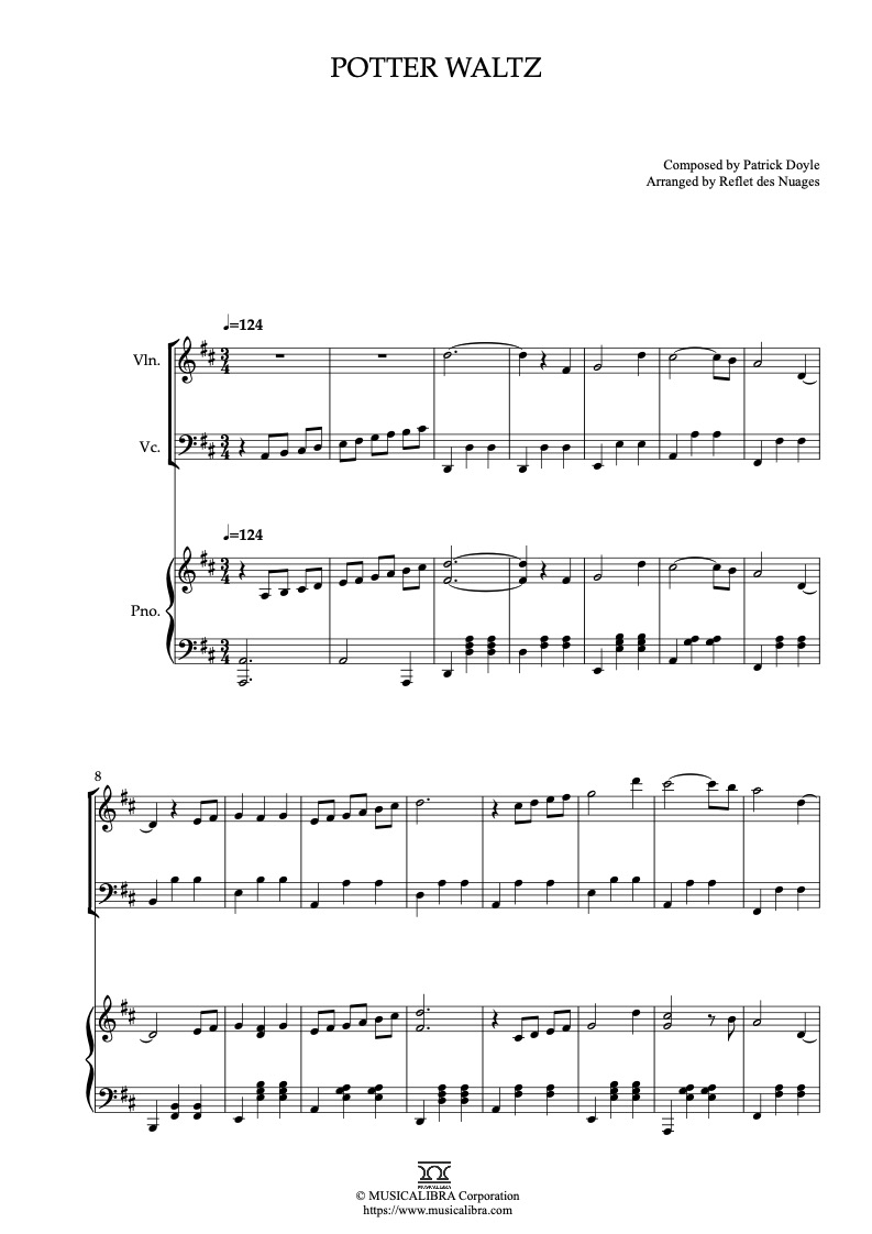 Partitura de Potter Waltz arreglada para trío de violín, violonchelo y piano