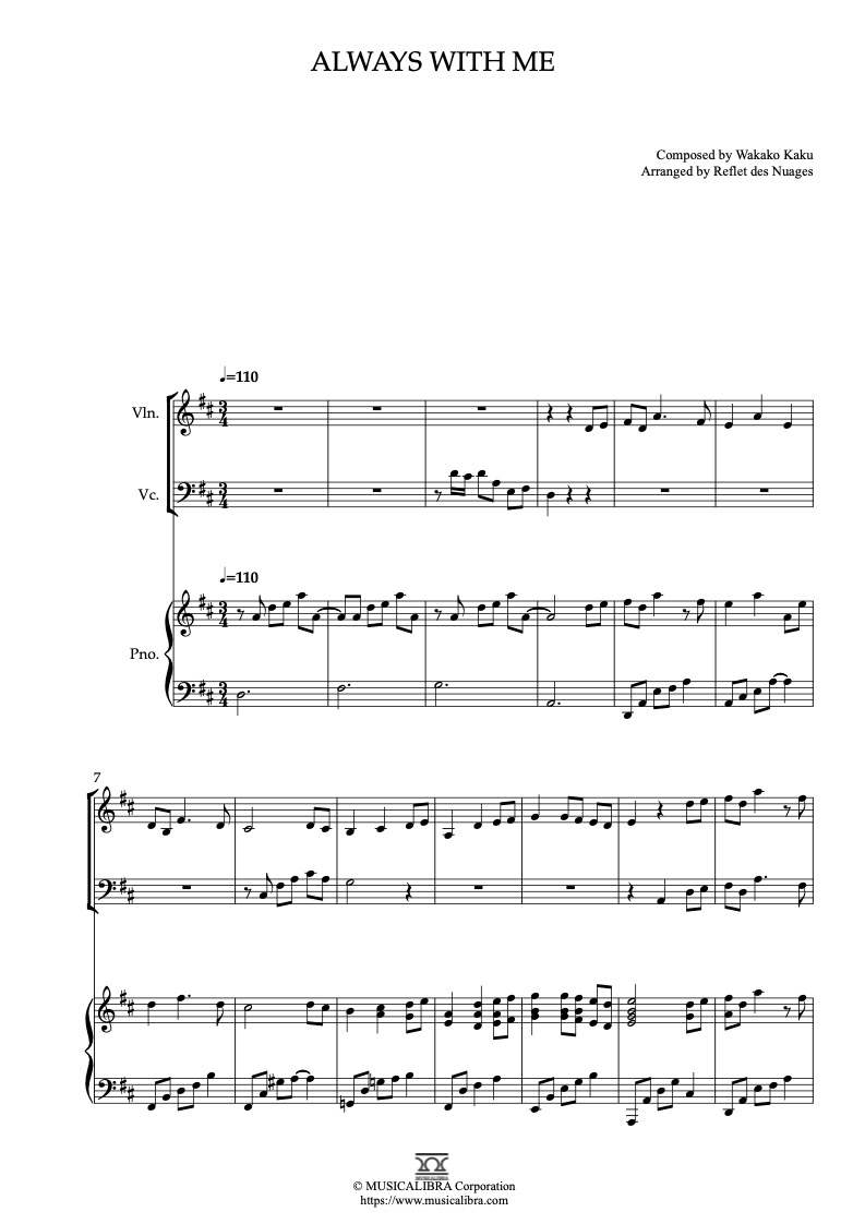 Sheet music of Spirited Away Always With Me arranged for violin, cello and piano trio chamber ensemble preview page 1