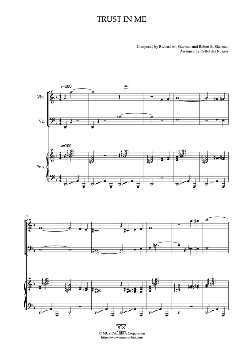 Sheet music of Trust in Me arranged for violin, cello and piano trio chamber ensemble preview page 1