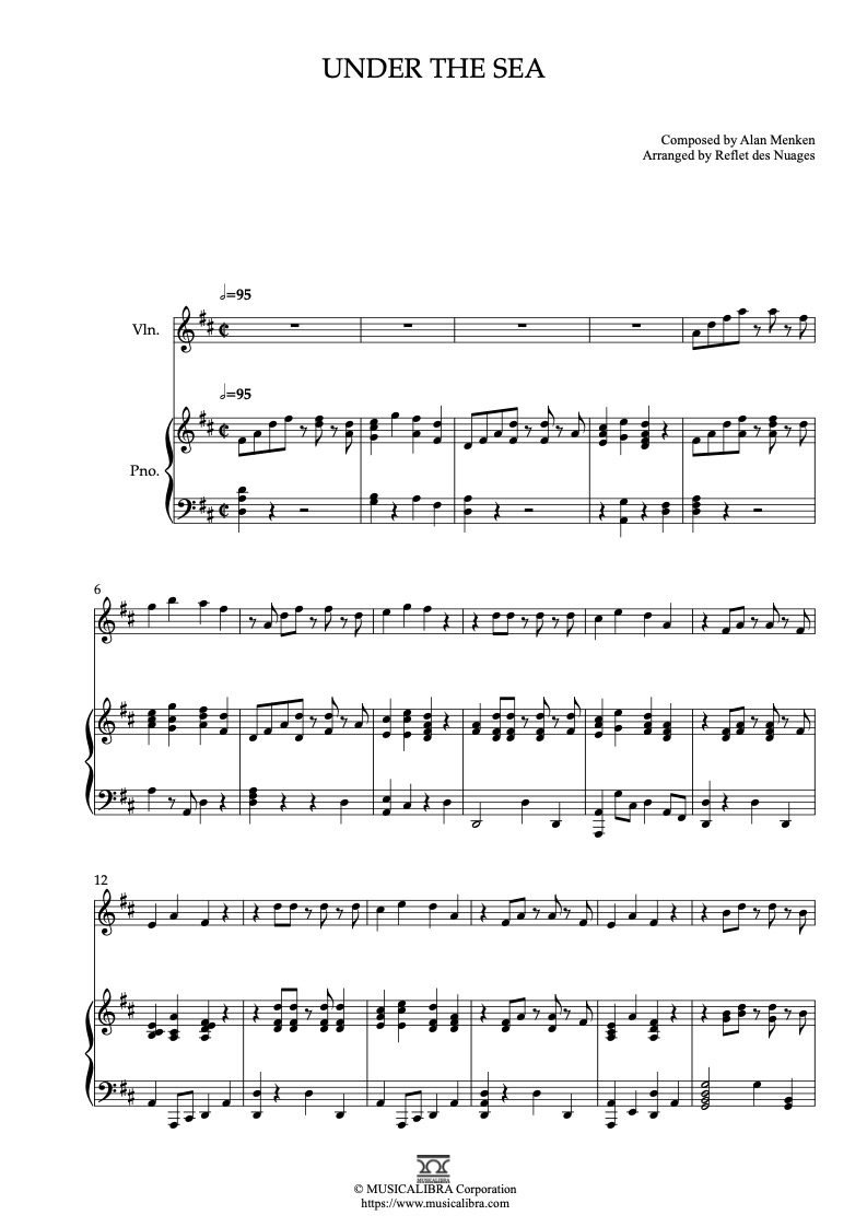 The Little Mermaid Under the Sea 二重奏 乐谱 - 小提琴, 钢琴