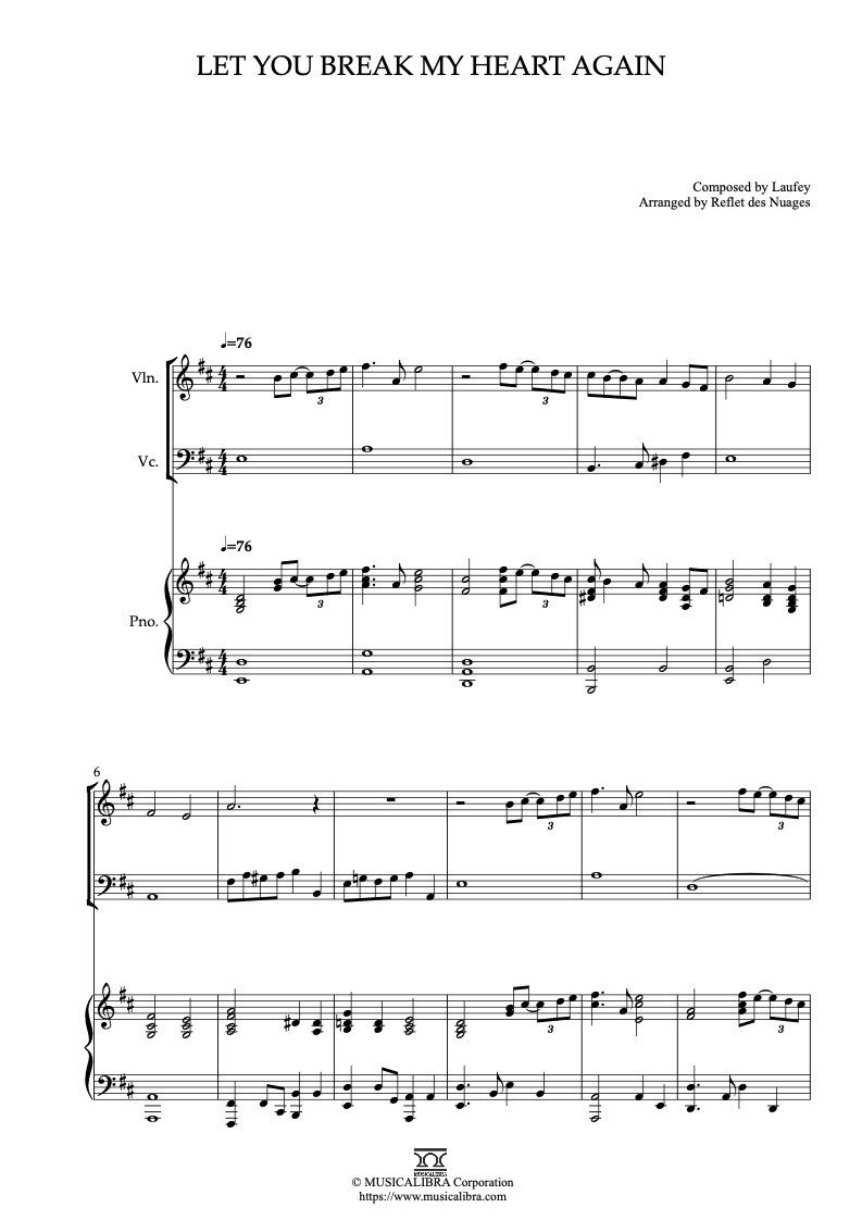 Sheet music of Laufey Let You Break My Heart Again arranged for violin, cello and piano trio chamber ensemble preview page 1