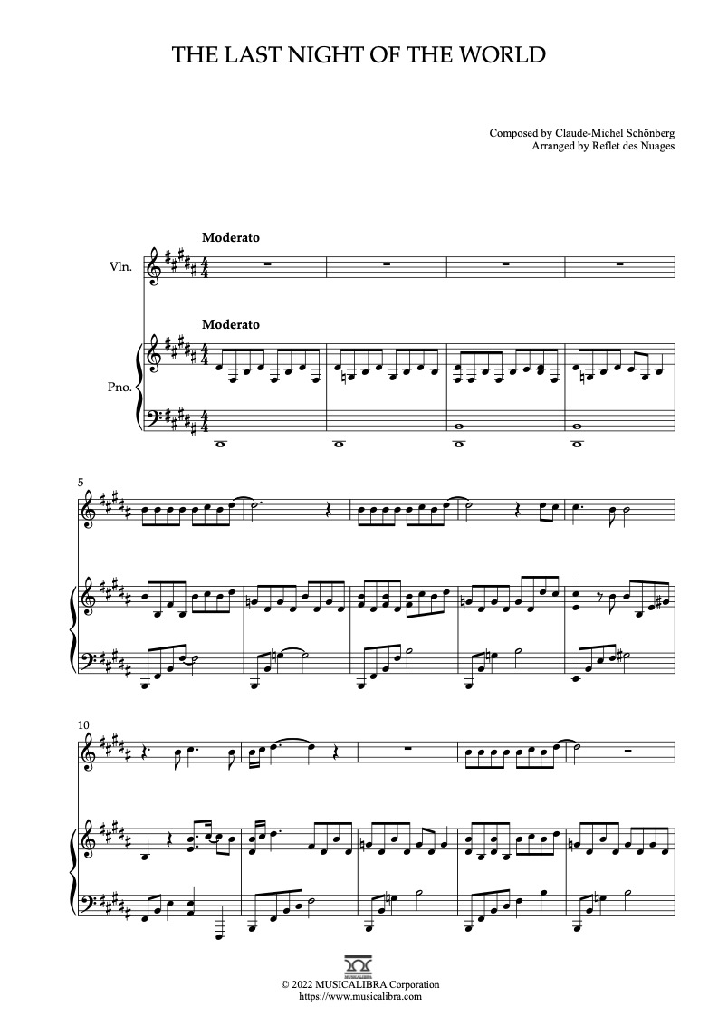 Sheet music of The Last Night of the World From Miss Saigon arranged for violin and piano duet chamber ensemble preview page 1