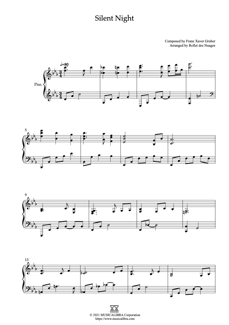 Sheet music of Silent Night arranged for piano solo preview page 1