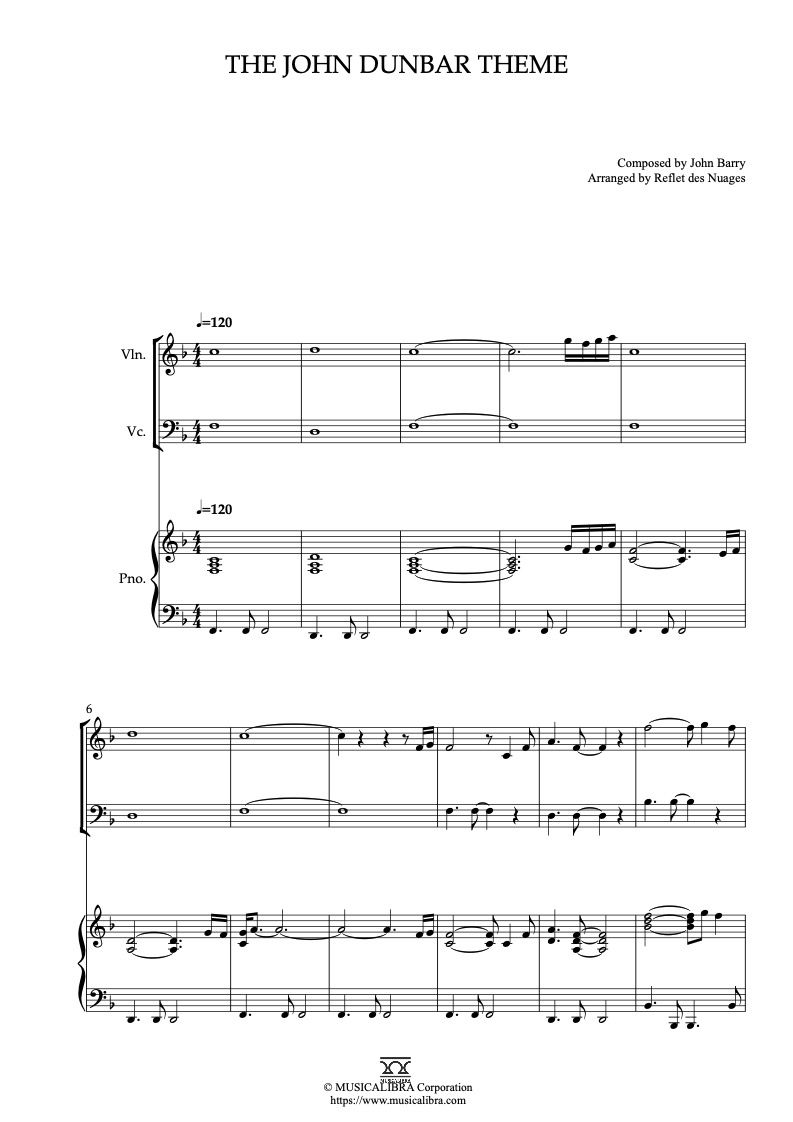 Sheet music of Dances With Wolves The John Dunbar Theme arranged for violin, cello and piano trio chamber ensemble preview page 1