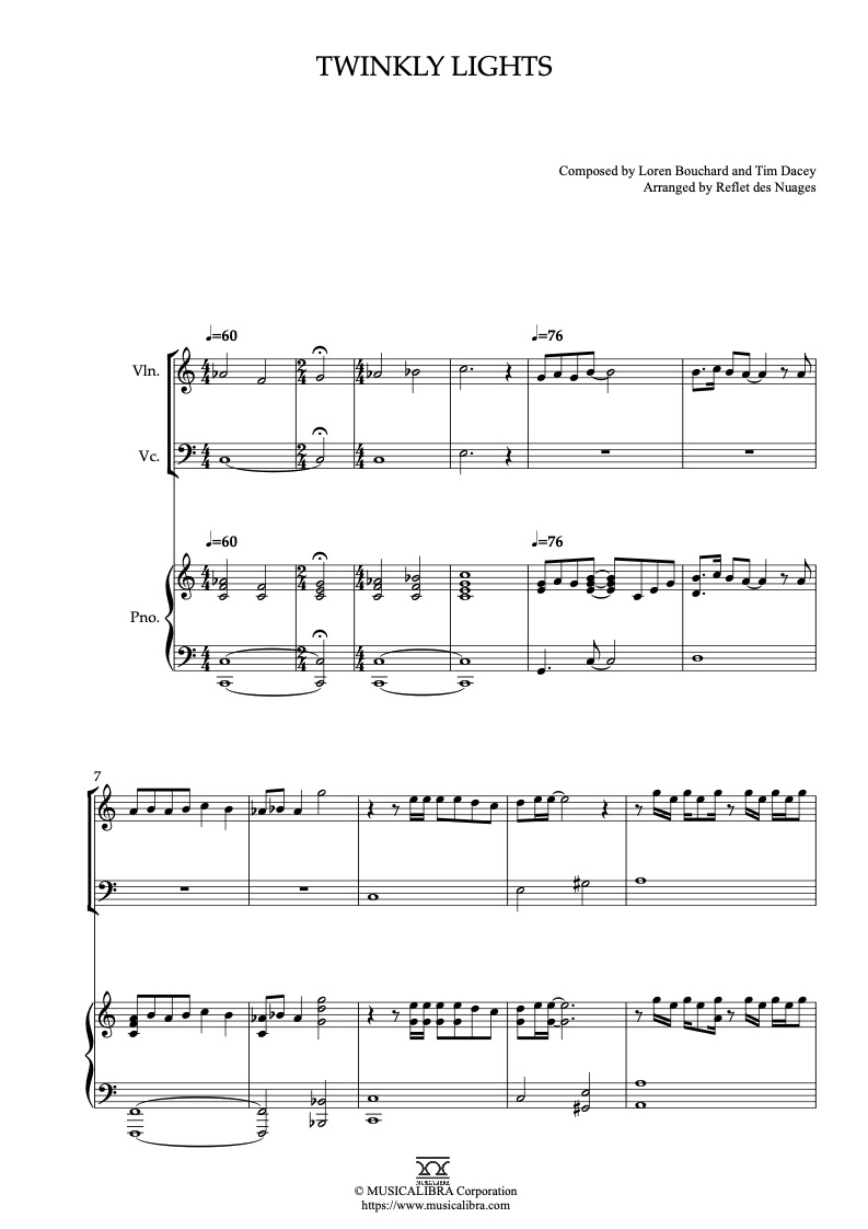 Sheet music of Twinkly Lights arranged for violin, cello and piano trio chamber ensemble preview page 1