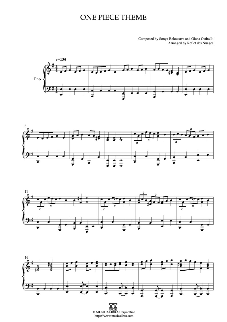 Sheet music of One Piece Theme arranged for piano solo preview page 1